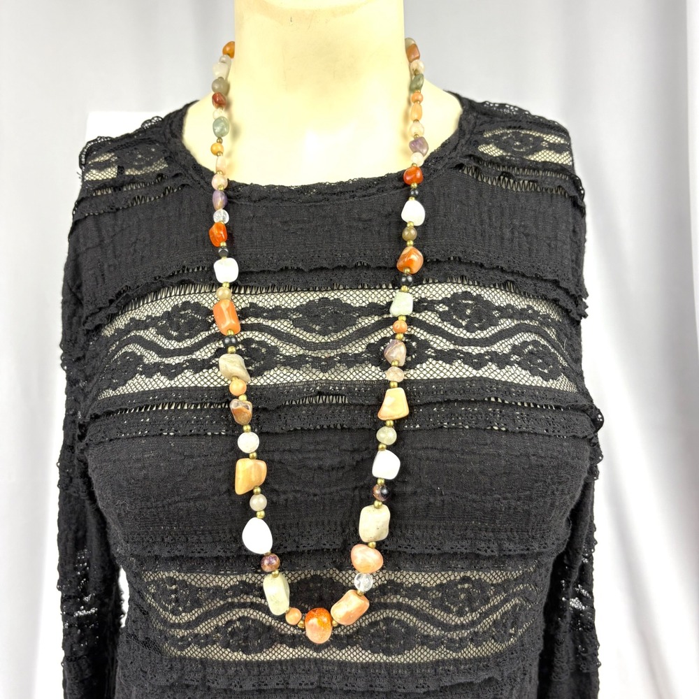 VTG Bohemian Natural Tumbled Gemstone Bead Opera Necklace Women OS Multicolor